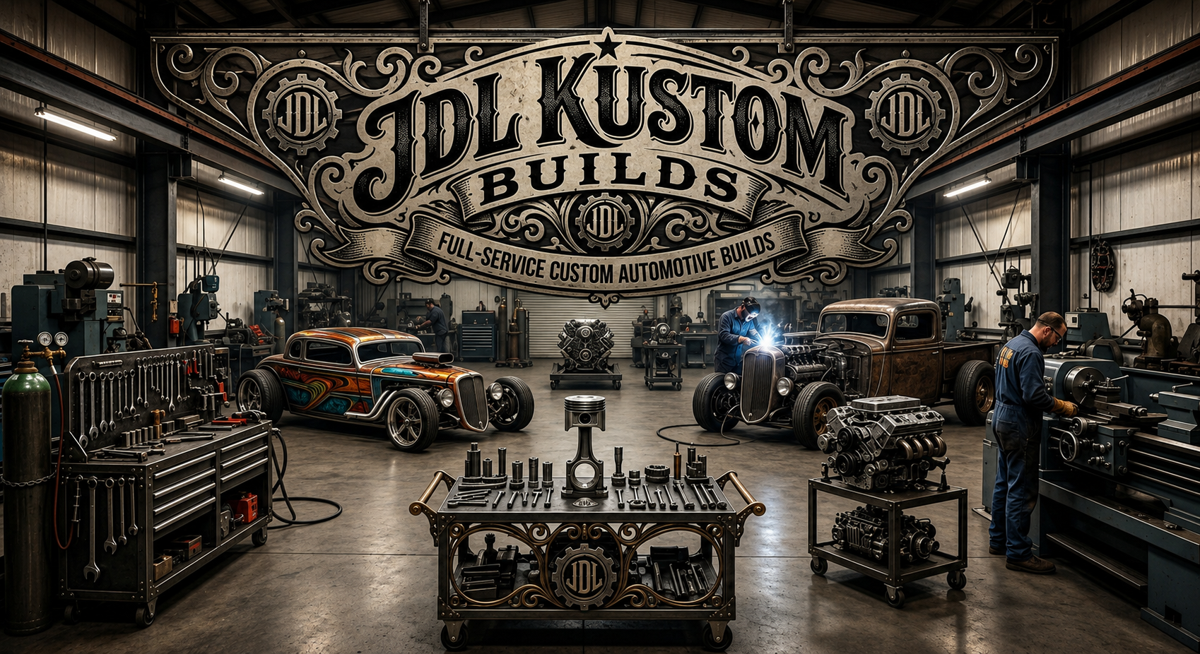 JDL Kustom Builds workshop with hot rods and fabrication tools